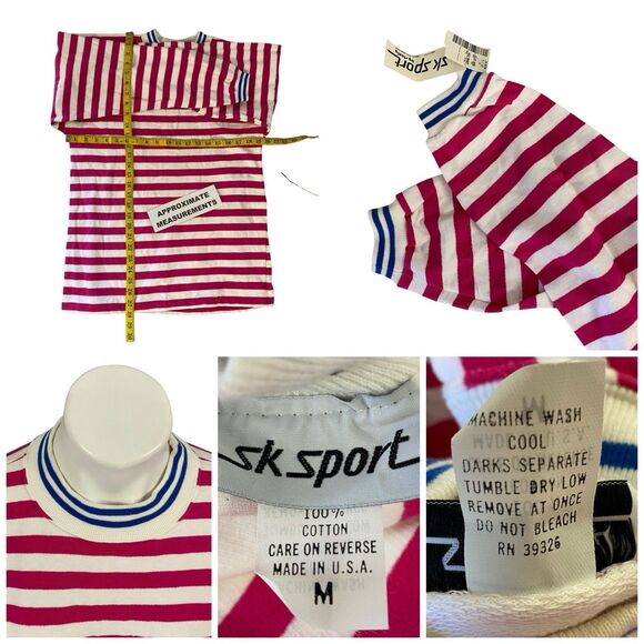 SK Sport Sweatshirt Womens Medium Vintage 1980s Pink Stripe Classic Hipster - Picture 2 of 16